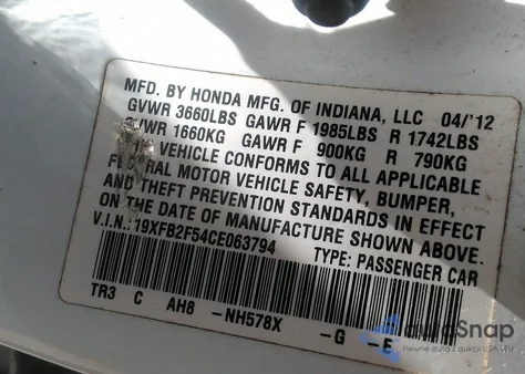 2012 Honda Civic Lx z USA, uszkodzony, nr VIN 19XFB2F54CE063794